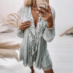 V-Neck Solid Chiffon Mini Dress