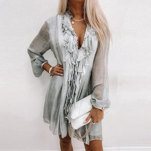 V-Neck Solid Chiffon Mini Dress