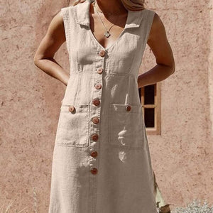 Ladies V-Neck Single Breasted Slim Fit Cotton Linen Dress