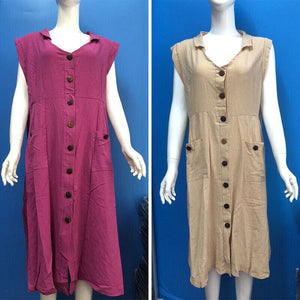 Ladies V-Neck Single Breasted Slim Fit Cotton Linen Dress