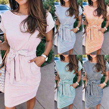 Load image into Gallery viewer, Crew Neck Short Sleeve Tunic Striped Dress
