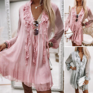 V-Neck Solid Chiffon Mini Dress