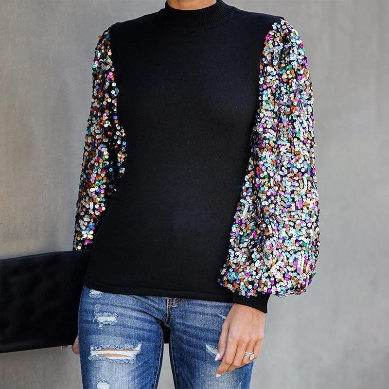 Half Turtle Neck Sequins Blouse