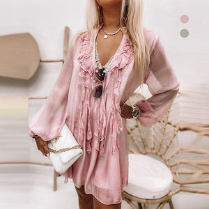 V-Neck Solid Chiffon Mini Dress