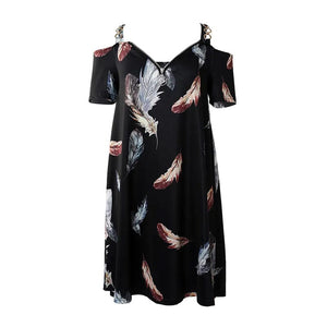 Feather Print Cold Shoulder Pocket Design Casual Dress
