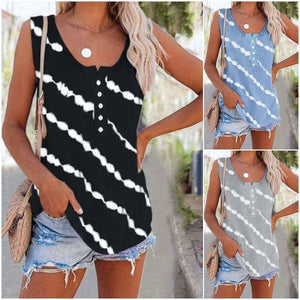 Women's Diagonal Stripe Button Crew Neck Tank Top