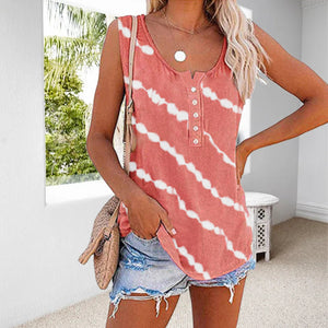 Women's Diagonal Stripe Button Crew Neck Tank Top